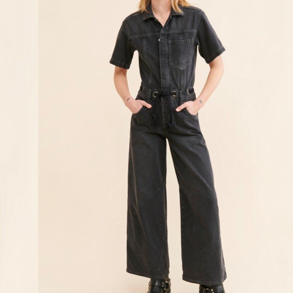 FREE POEPLE Edison Denim Black nightlite black Wide-Leg Coverall Size‎ S NWT